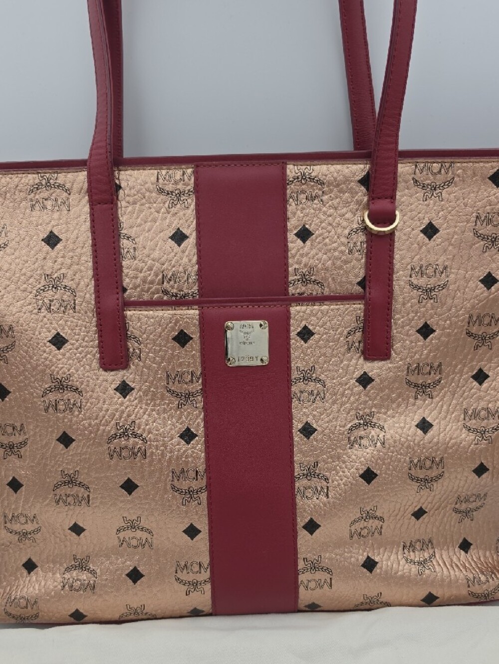 MCM Rose Gold Metallic Vietos Burgundy Stripe Gold Hardware Large Tote (EUC)✨️ - Picture 3 of 15